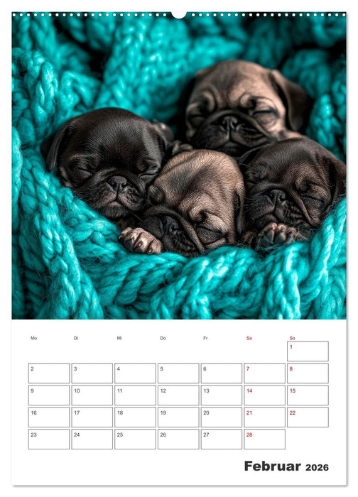 MOPS Pfotenglück in Faltenform (CALVENDO Wandkalender 2026)