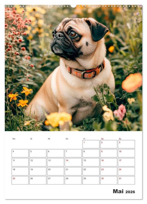 MOPS Pfotenglück in Faltenform (CALVENDO Wandkalender 2026)