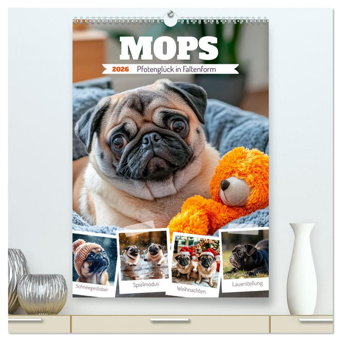MOPS Pfotenglück in Faltenform (CALVENDO Premium Wandkalender 2026)