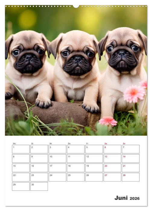 MOPS Pfotenglück in Faltenform (CALVENDO Premium Wandkalender 2026)