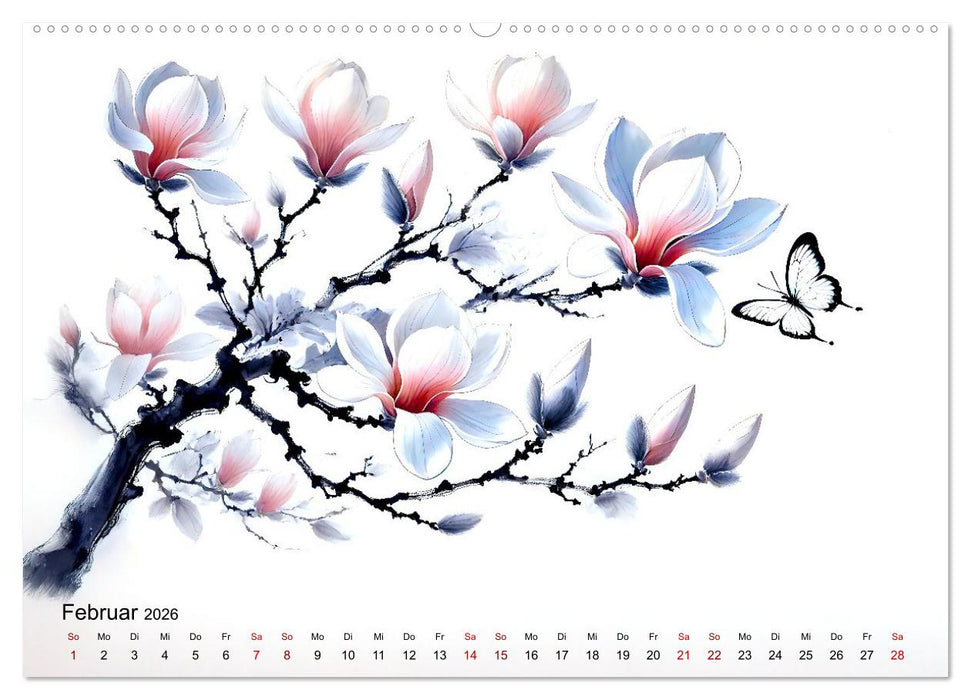 Blütentanz und Flügelschlag - Im Stile chinesischer Tuschmalerei (CALVENDO Wandkalender 2026)