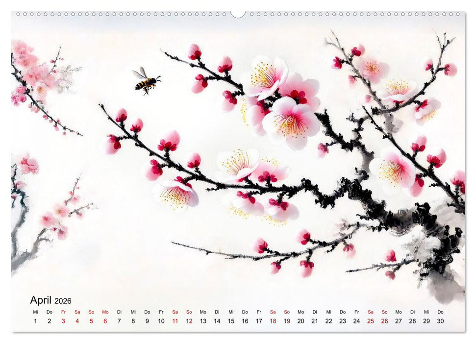 Blütentanz und Flügelschlag - Im Stile chinesischer Tuschmalerei (CALVENDO Wandkalender 2026)