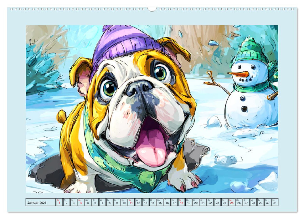 Bulldoggen. Lustige Cartoons von beliebten Charakterköpfen (CALVENDO Wandkalender 2026)