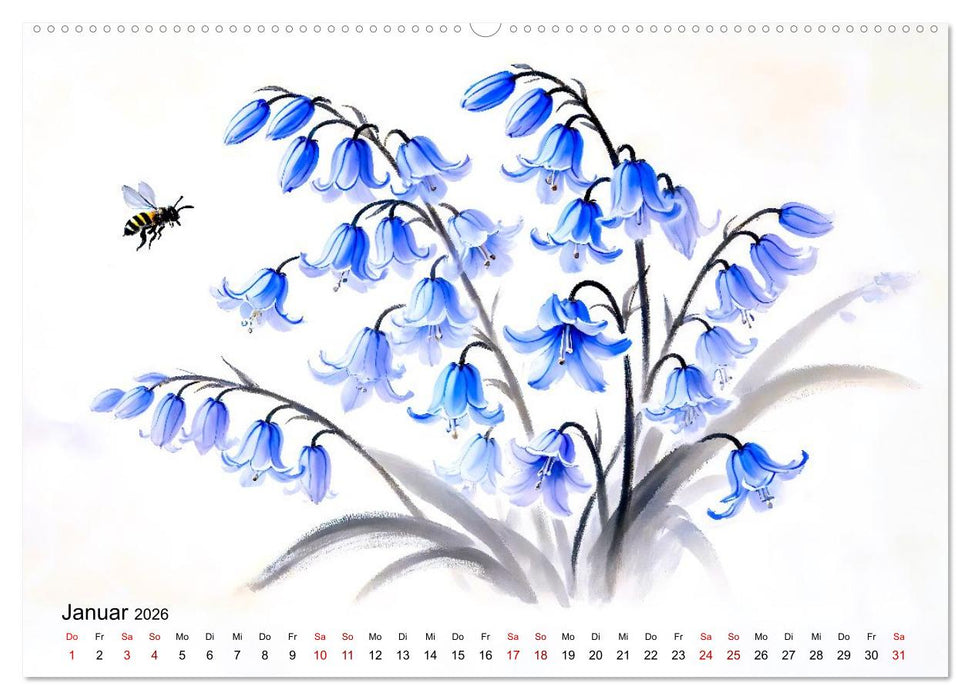 Blütentanz und Flügelschlag - Im Stile chinesischer Tuschmalerei (CALVENDO Premium Wandkalender 2026)