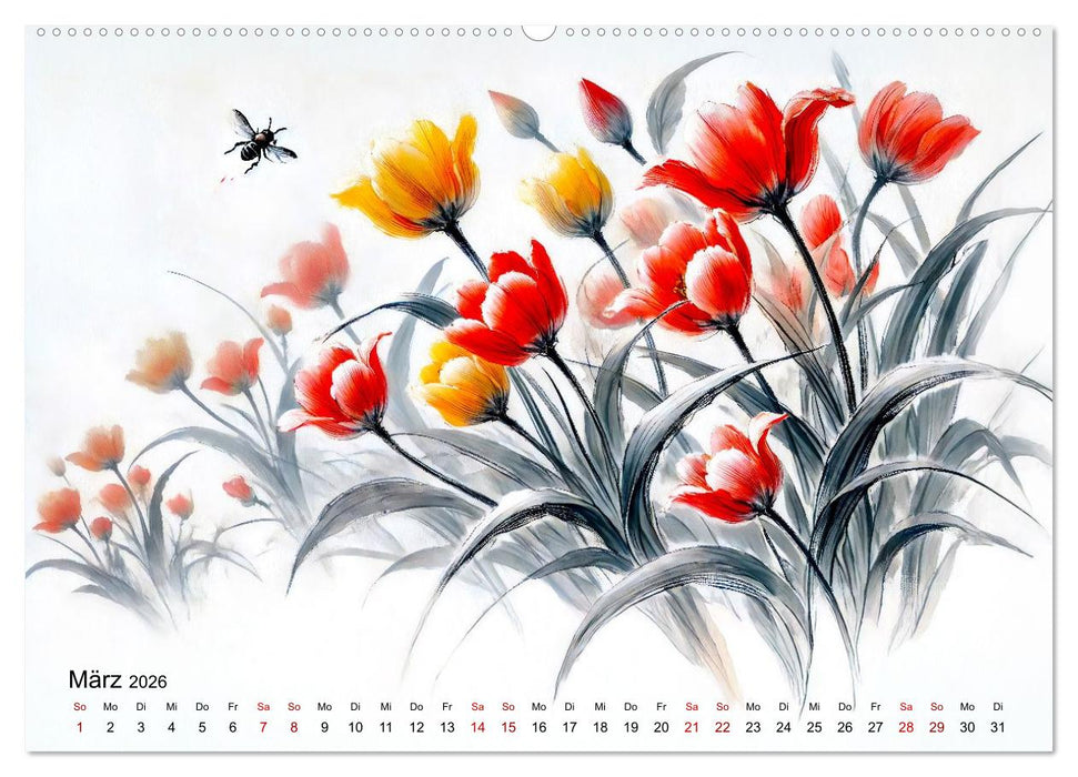 Blütentanz und Flügelschlag - Im Stile chinesischer Tuschmalerei (CALVENDO Premium Wandkalender 2026)