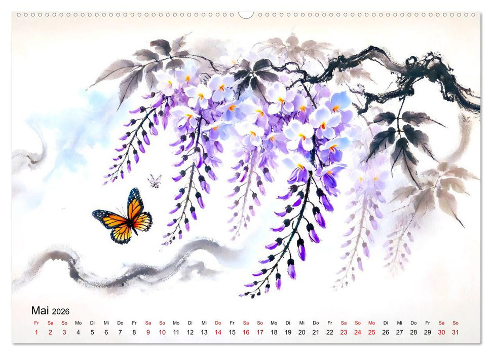 Blütentanz und Flügelschlag - Im Stile chinesischer Tuschmalerei (CALVENDO Premium Wandkalender 2026)