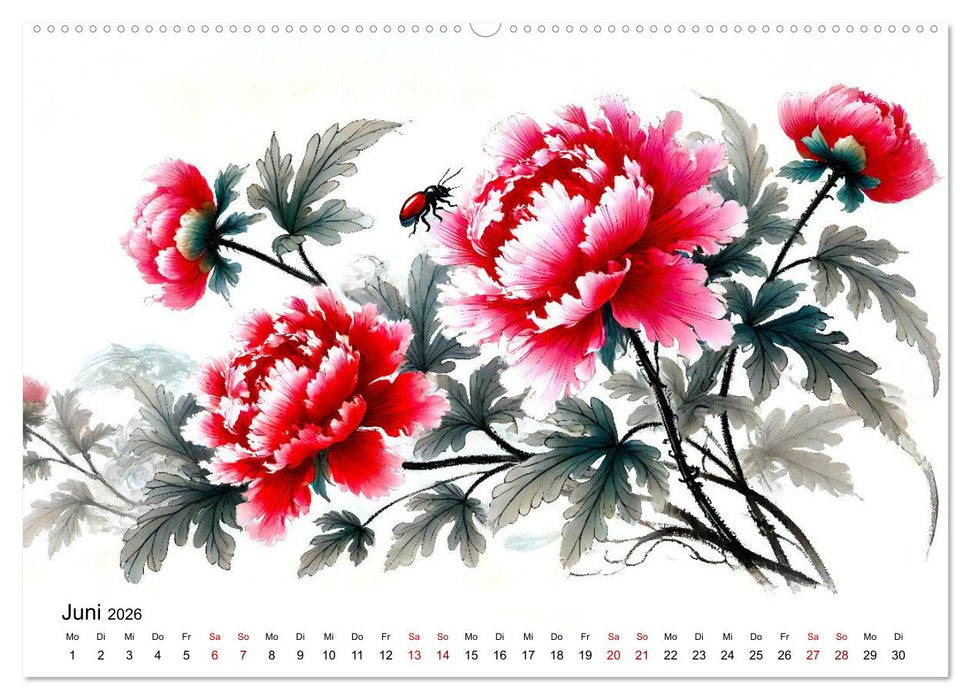Blütentanz und Flügelschlag - Im Stile chinesischer Tuschmalerei (CALVENDO Premium Wandkalender 2026)