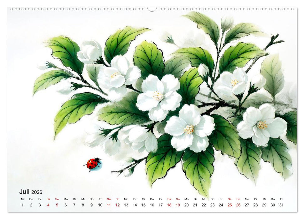 Blütentanz und Flügelschlag - Im Stile chinesischer Tuschmalerei (CALVENDO Premium Wandkalender 2026)