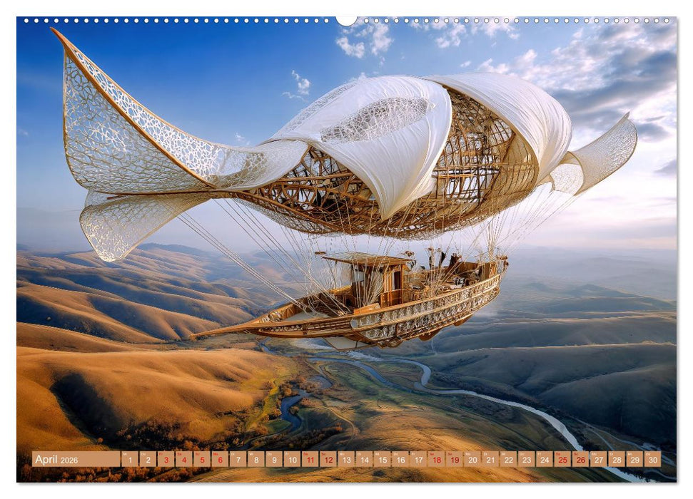 Windgetriebene Wunderwelten. Surrealistische Flugmaschinen im Stil von Jules Verne (CALVENDO Wandkalender 2026)