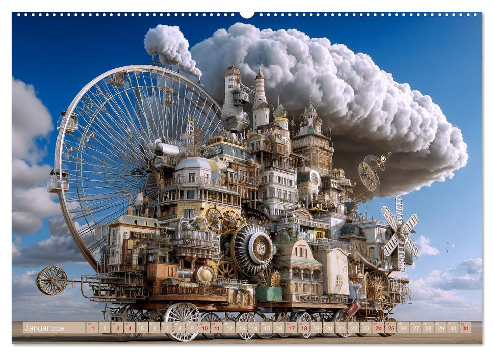 Windgetriebene Wunderwelten. Surrealistische Flugmaschinen im Stil von Jules Verne (CALVENDO Premium Wandkalender 2026)