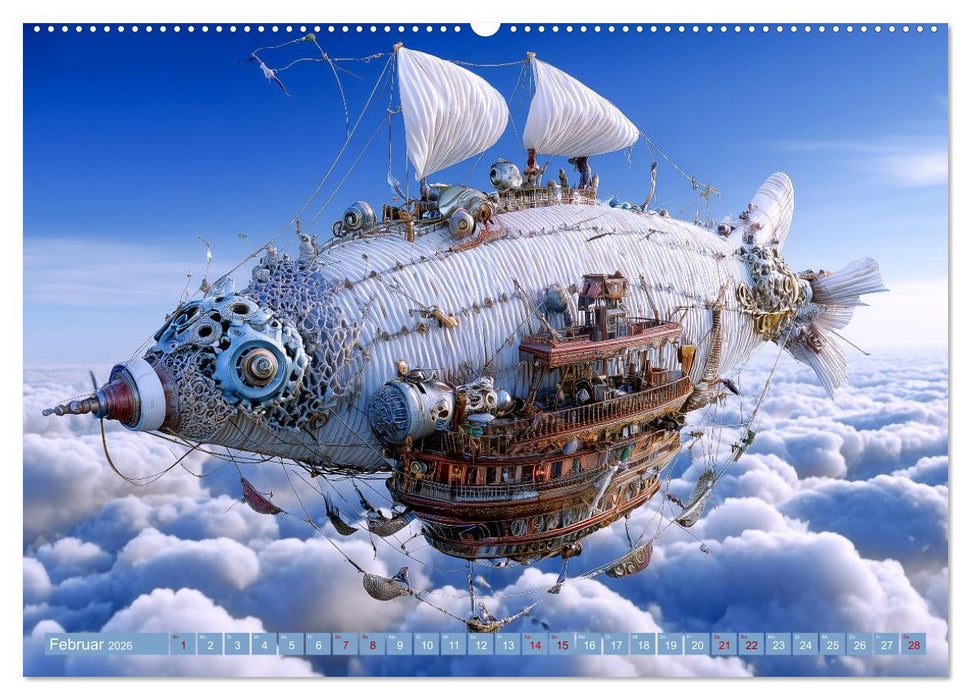 Windgetriebene Wunderwelten. Surrealistische Flugmaschinen im Stil von Jules Verne (CALVENDO Premium Wandkalender 2026)