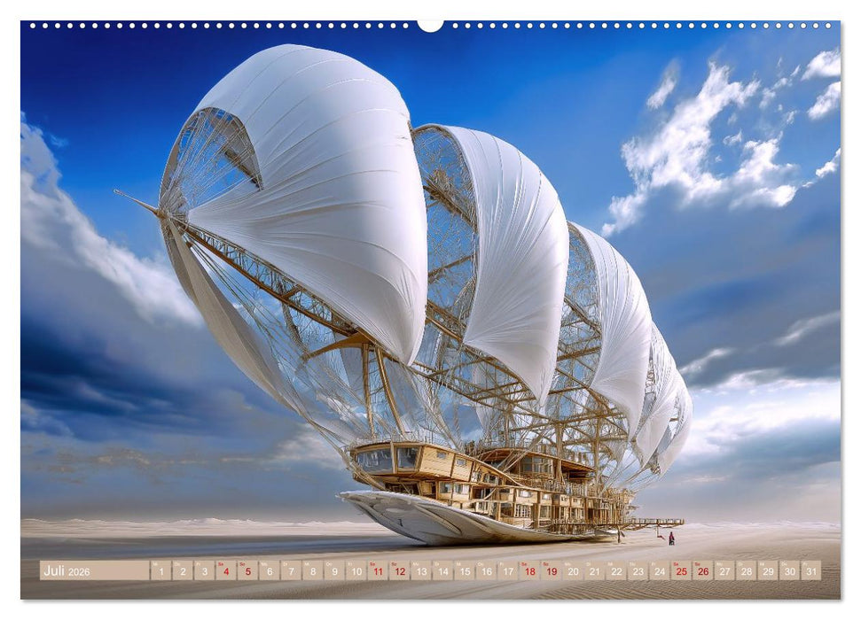 Windgetriebene Wunderwelten. Surrealistische Flugmaschinen im Stil von Jules Verne (CALVENDO Premium Wandkalender 2026)