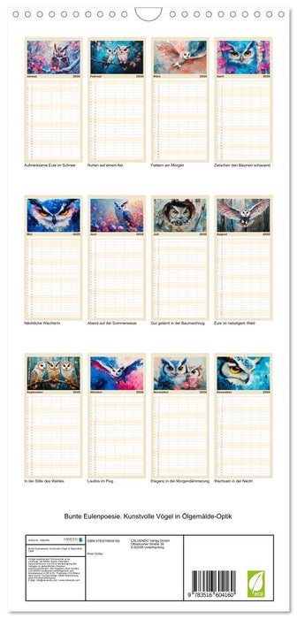Bunte Eulenpoesie. Kunstvolle Vögel in Ölgemälde-Optik (CALVENDO Familienplaner 2026)