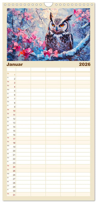 Bunte Eulenpoesie. Kunstvolle Vögel in Ölgemälde-Optik (CALVENDO Familienplaner 2026)