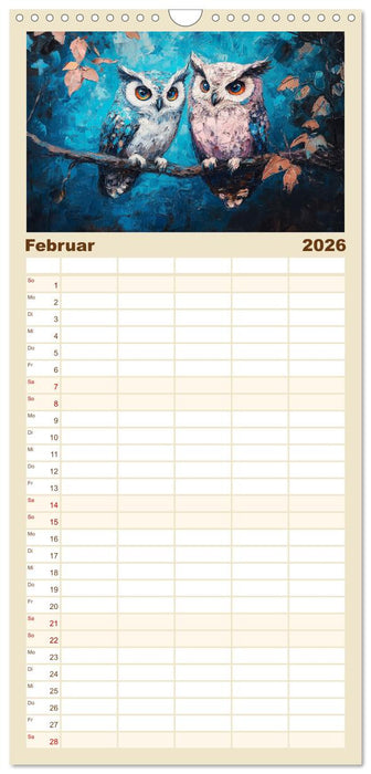 Bunte Eulenpoesie. Kunstvolle Vögel in Ölgemälde-Optik (CALVENDO Familienplaner 2026)