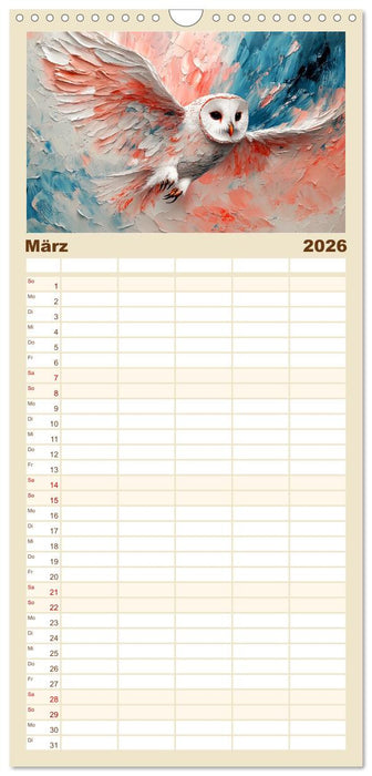 Bunte Eulenpoesie. Kunstvolle Vögel in Ölgemälde-Optik (CALVENDO Familienplaner 2026)