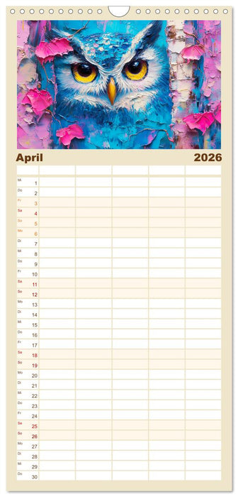 Bunte Eulenpoesie. Kunstvolle Vögel in Ölgemälde-Optik (CALVENDO Familienplaner 2026)