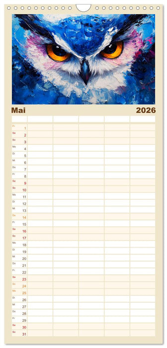 Bunte Eulenpoesie. Kunstvolle Vögel in Ölgemälde-Optik (CALVENDO Familienplaner 2026)