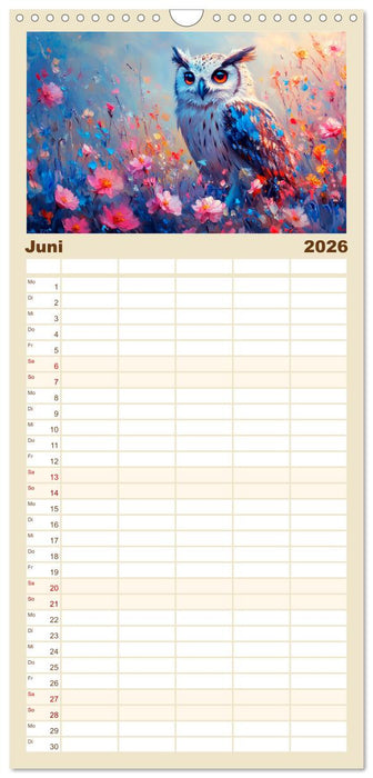 Bunte Eulenpoesie. Kunstvolle Vögel in Ölgemälde-Optik (CALVENDO Familienplaner 2026)