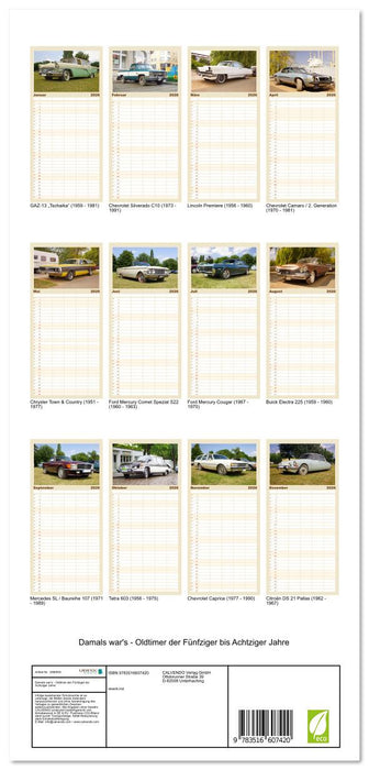 Damals war's - Oldtimer der Fünfziger bis Achtziger Jahre (CALVENDO Familienplaner 2026)