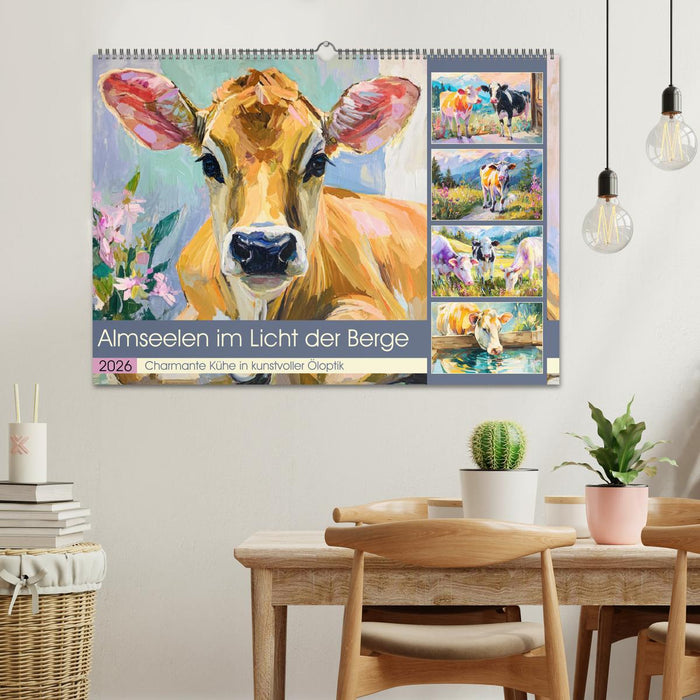 Almseelen im Licht der Berge. Charmante Kühe in kunstvoller Öloptik (CALVENDO Wandkalender 2026)