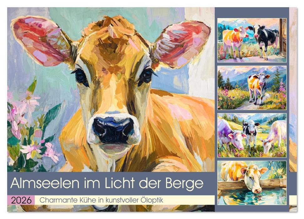 Almseelen im Licht der Berge. Charmante Kühe in kunstvoller Öloptik (CALVENDO Wandkalender 2026)