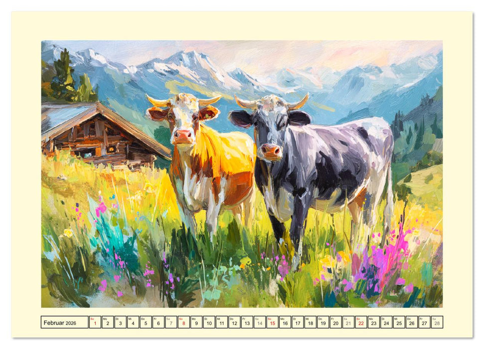 Almseelen im Licht der Berge. Charmante Kühe in kunstvoller Öloptik (CALVENDO Wandkalender 2026)