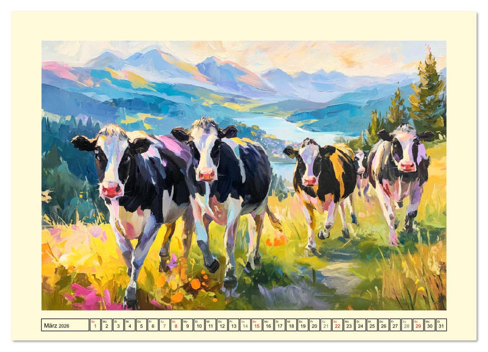 Almseelen im Licht der Berge. Charmante Kühe in kunstvoller Öloptik (CALVENDO Wandkalender 2026)
