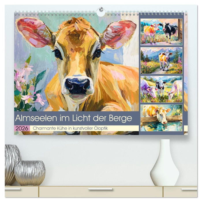 Almseelen im Licht der Berge. Charmante Kühe in kunstvoller Öloptik (CALVENDO Premium Wandkalender 2026)