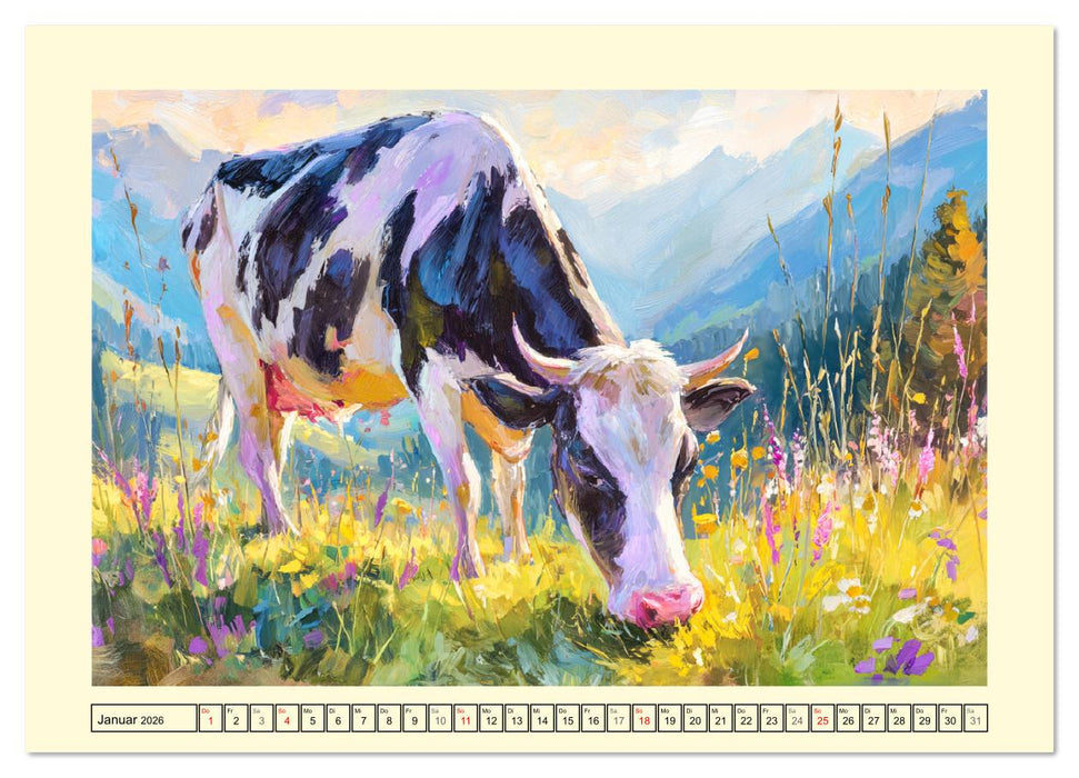 Almseelen im Licht der Berge. Charmante Kühe in kunstvoller Öloptik (CALVENDO Premium Wandkalender 2026)