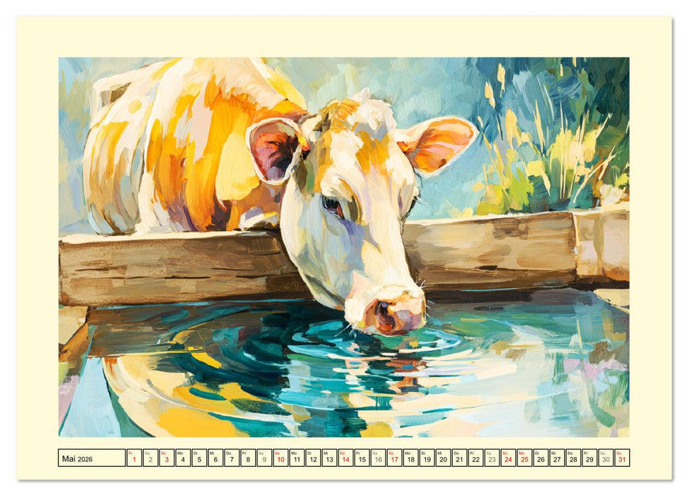 Almseelen im Licht der Berge. Charmante Kühe in kunstvoller Öloptik (CALVENDO Premium Wandkalender 2026)