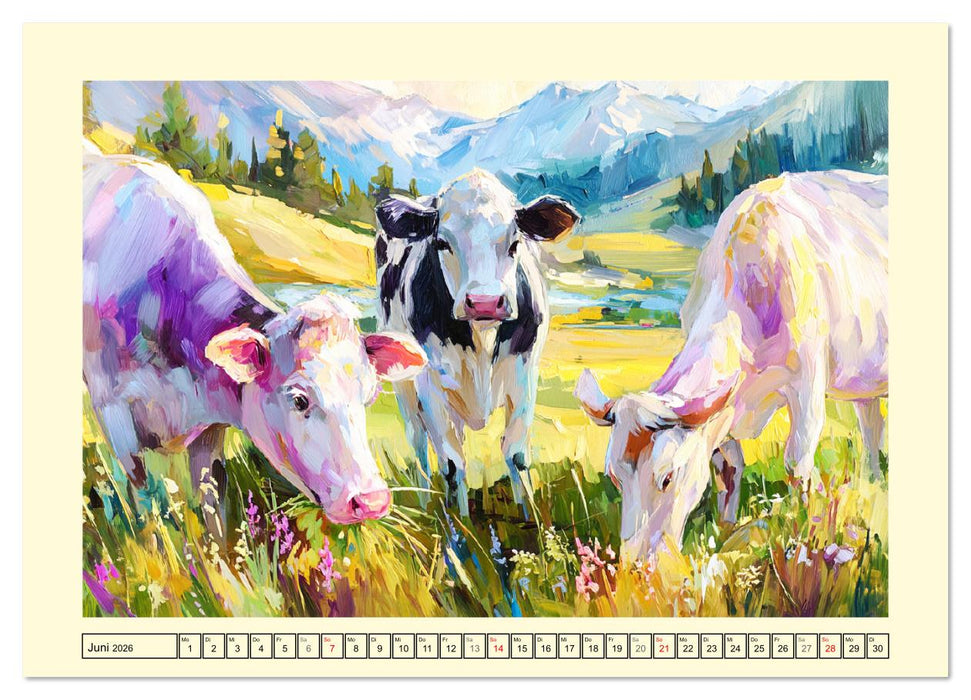 Almseelen im Licht der Berge. Charmante Kühe in kunstvoller Öloptik (CALVENDO Premium Wandkalender 2026)