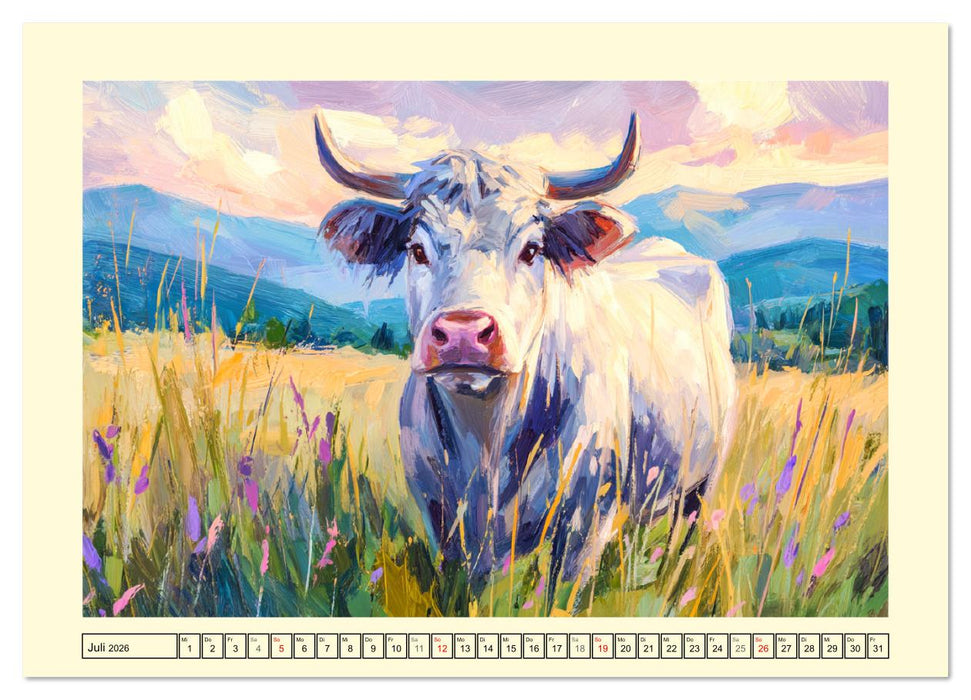 Almseelen im Licht der Berge. Charmante Kühe in kunstvoller Öloptik (CALVENDO Premium Wandkalender 2026)