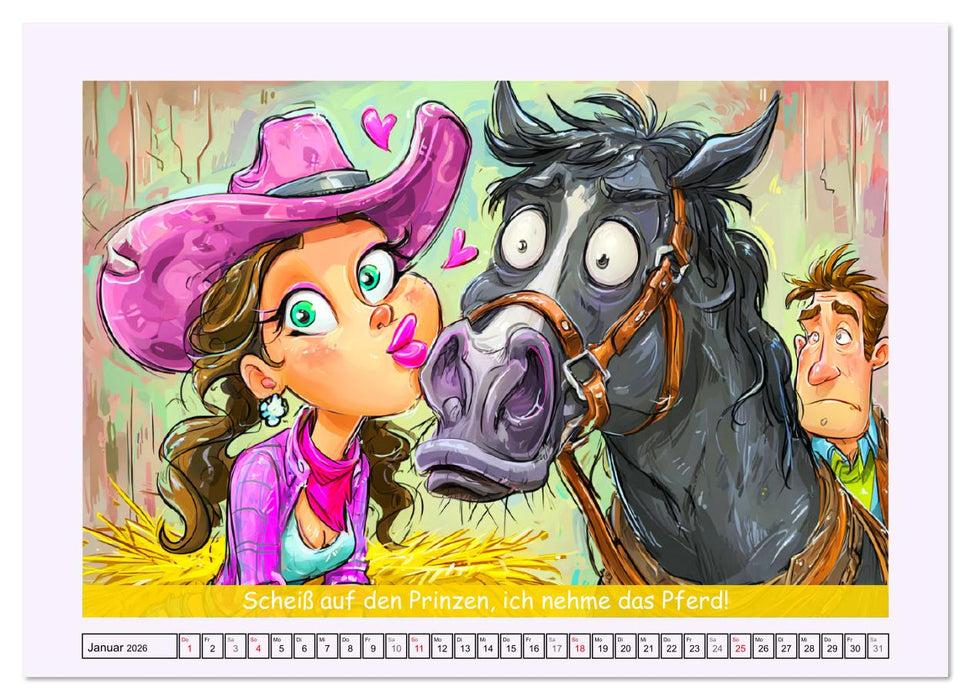 Frauen und Pferde. Lustige Cartoons und witzige Sprüche (CALVENDO Wandkalender 2026)