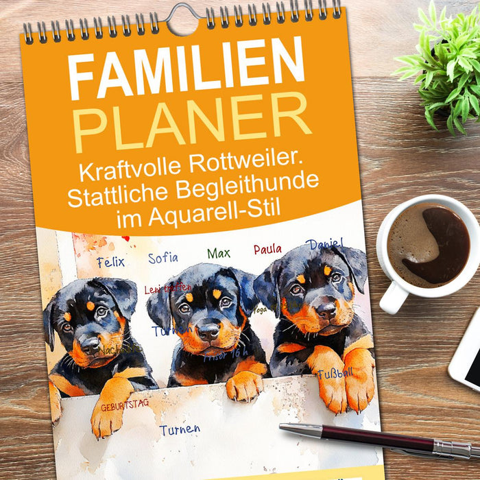 Kraftvolle Rottweiler. Stattliche Begleithunde im Aquarell-Stil (CALVENDO Familienplaner 2026)