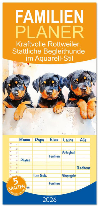 Kraftvolle Rottweiler. Stattliche Begleithunde im Aquarell-Stil (CALVENDO Familienplaner 2026)