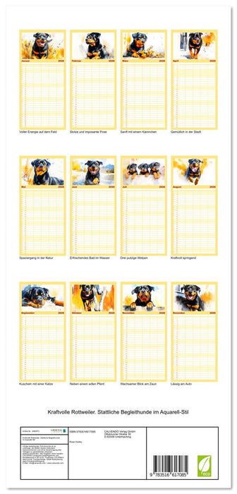 Kraftvolle Rottweiler. Stattliche Begleithunde im Aquarell-Stil (CALVENDO Familienplaner 2026)