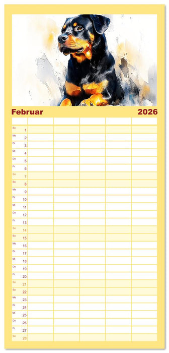 Kraftvolle Rottweiler. Stattliche Begleithunde im Aquarell-Stil (CALVENDO Familienplaner 2026)