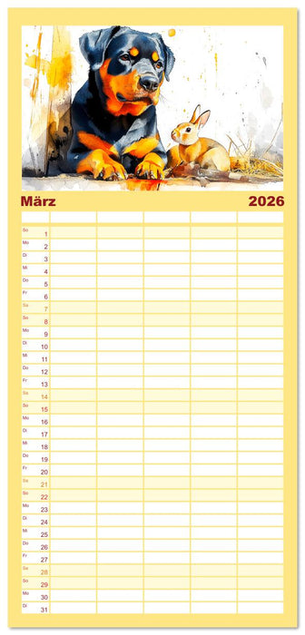 Kraftvolle Rottweiler. Stattliche Begleithunde im Aquarell-Stil (CALVENDO Familienplaner 2026)