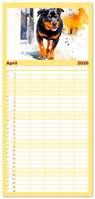 Kraftvolle Rottweiler. Stattliche Begleithunde im Aquarell-Stil (CALVENDO Familienplaner 2026)