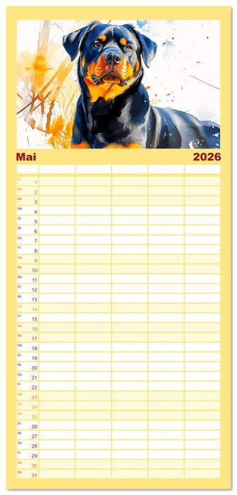 Kraftvolle Rottweiler. Stattliche Begleithunde im Aquarell-Stil (CALVENDO Familienplaner 2026)