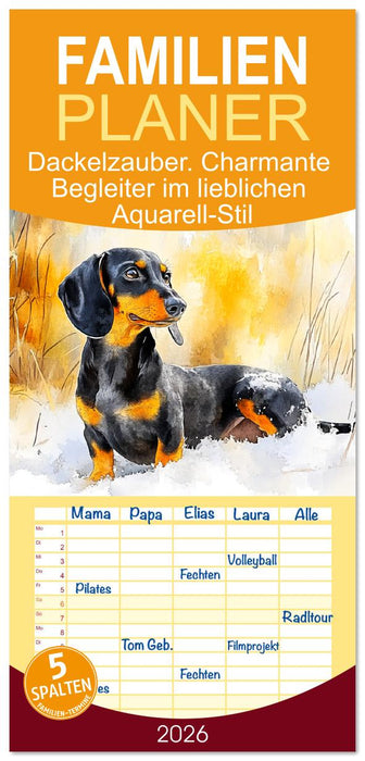 Dackelzauber. Charmante Begleiter im lieblichen Aquarell-Stil (CALVENDO Familienplaner 2026)