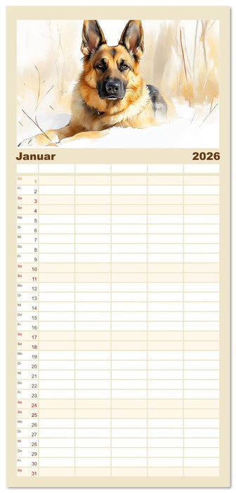 Deutsche Schäferhunde. Majestätische Wächter im Aquarell-Stil (CALVENDO Familienplaner 2026)