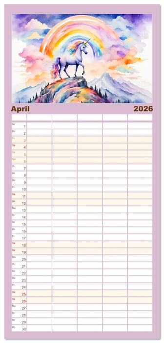Magische Einhörner - Traumlandschaften unterm Regenbogen (CALVENDO Familienplaner 2026)