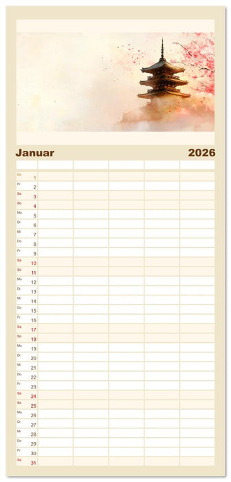 Japan. Eine künstlerische Reise im Aquarellstil (CALVENDO Familienplaner 2026)