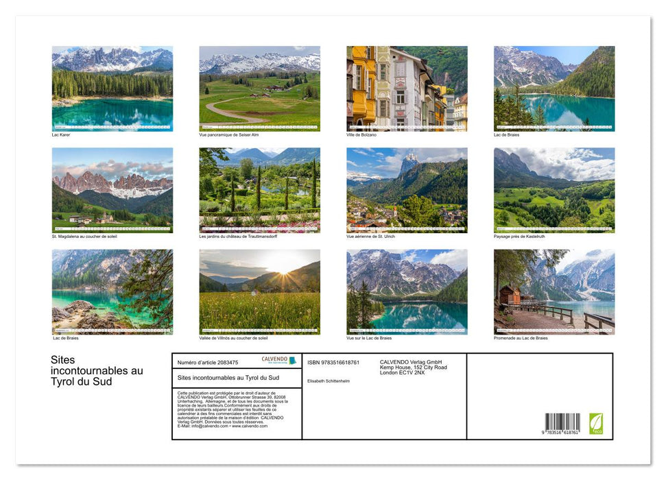Sites incontournables au Tyrol du Sud (CALVENDO Calendrier mensuel 2026)