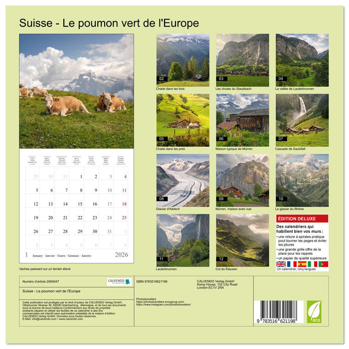 Suisse - Le poumon vert de l'Europe (CALVENDO Calendrier mensuel 2026)
