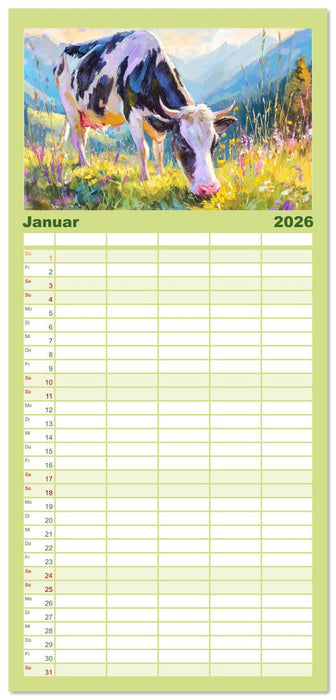 Almseelen im Licht der Berge. Charmante Kühe in kunstvoller Öloptik (CALVENDO Familienplaner 2026)