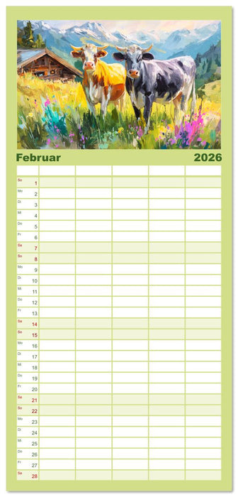 Almseelen im Licht der Berge. Charmante Kühe in kunstvoller Öloptik (CALVENDO Familienplaner 2026)