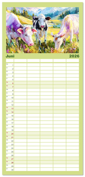 Almseelen im Licht der Berge. Charmante Kühe in kunstvoller Öloptik (CALVENDO Familienplaner 2026)